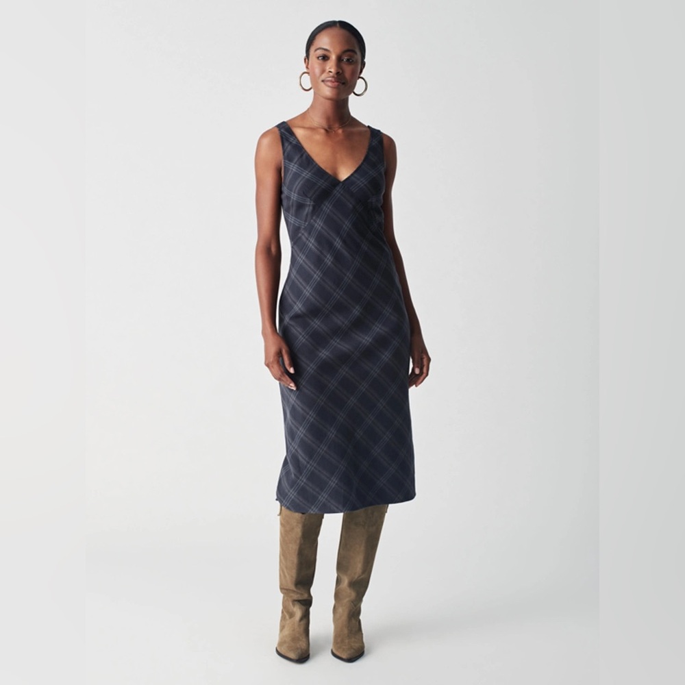 FAHERTY BRAND Emma Slip Dress Aspen Plaid Organic Cotton Charcoal Gray Checkered
